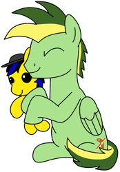 Size: 698x1005 | Tagged: safe, artist:amelia-bases, artist:didgereethebrony, oc, oc only, oc:didgeree, oc:ponyseb 2.0, equine, fictional species, mammal, pegasus, pony, feral, hasbro, my little pony, trace, base used, hug, male, plushie, simple background, solo, solo male, transparent background