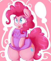Size: 2033x2428 | Tagged: safe, artist:graphene, pinkie pie (mlp), earth pony, equine, fictional species, mammal, pony, semi-anthro, friendship is magic, hasbro, my little pony, 2016, bipedal, clothes, cute, female, fur, hair, high res, mane, mare, no pupils, pink body, pink fur, pink hair, pink mane, pink tail, shirt, slightly chubby, solo, solo female, tail, thighs, thunder thighs, tongue, tongue out, topwear