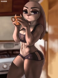 Size: 945x1280 | Tagged: safe, artist:aozee, judy hopps (zootopia), lagomorph, mammal, rabbit, anthro, disney, zootopia, 2020, abs, bedroom eyes, belly button, biceps, big breasts, blurred background, bottomwear, breasts, clothes, coffee, coffee mug, digital art, drink, ears, eyelashes, female, floppy ears, fur, kitchen, looking at you, morning, muscles, muscular female, pink nose, shorts, solo, solo female, sports bra, sports shorts, tail, thighs, topwear, wide hips