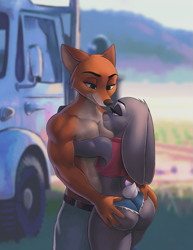Size: 771x1000 | Tagged: suggestive, artist:aozee, judy hopps (zootopia), nick wilde (zootopia), canine, fox, lagomorph, mammal, rabbit, anthro, disney, zootopia, 2020, abs, bedroom eyes, biceps, black nose, blurred background, bottomwear, butt, clothes, digital art, duo, ears, eyelashes, farm, farmer, female, floppy ears, fur, hand on butt, looking at each other, male, male/female, muscles, muscular female, pants, pecs, pink nose, rear view, shipping, shirt, shorts, tail, thighs, topwear, truck, vehicle, wide hips