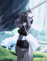 Size: 760x1000 | Tagged: safe, artist:aozee, oc, oc only, canine, mammal, wolf, anthro, 2020, abs, bedroom eyes, belly button, biceps, black nose, bottomwear, breasts, clothes, commission, digital art, ears, eyelashes, female, fur, muscles, muscular female, shorts, solo, solo female, sword, tail, tank top, thighs, topwear, weapon, wide hips