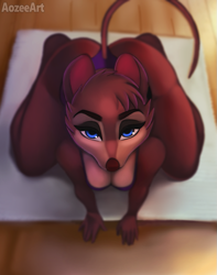 Size: 787x1000 | Tagged: safe, artist:aozee, mrs. brisby (the secret of nimh), mammal, mouse, rodent, anthro, sullivan bluth studios, the secret of nimh, 2021, all fours, bedroom eyes, bikini, breasts, clothes, commission, digital art, ears, eyelashes, female, fur, hair, hand on breast, kneeling, pink nose, solo, solo female, swimsuit, tail, thighs, wide hips, yoga