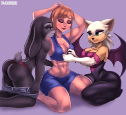 Size: 1000x915 | Tagged: suggestive, artist:aozee, judy hopps (zootopia), rouge the bat (sonic), samus aran (metroid), bat, human, lagomorph, mammal, rabbit, anthro, disney, metroid (series), nintendo, sega, sonic the hedgehog (series), zootopia, 2020, abs, arm above head, armpits, bat wings, belly button, biceps, bottomwear, bra, breasts, butt, clothes, commission, crop top, crossover, crossover shipping, digital art, ears, eyelashes, eyes closed, female, female/female, females only, floppy ears, fur, hair, kneeling, lingerie, midriff, muscles, muscular female, panties, pants, pants pulled down, partial nudity, pink nose, rear view, shipping, shorts, simple background, tail, thighs, topless, topwear, trio, trio female, underwear, webbed wings, wide hips, wings