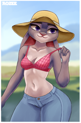 Size: 600x903 | Tagged: safe, artist:aozee, judy hopps (zootopia), lagomorph, mammal, rabbit, anthro, disney, zootopia, 2018, belly button, border, bottomwear, bra, breasts, clothes, digital art, ears, eyelashes, female, floppy ears, fur, pants, pink nose, solo, solo female, straw hat, tail, thighs, underwear, white border, wide hips