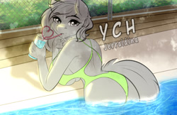Size: 3879x2511 | Tagged: suggestive, artist:jerraldina, equine, human, mammal, pony, anthro, clothes, drink, female, high res, pool, rear view, sexy, summer, swimsuit, ych