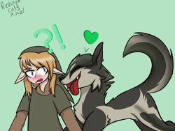 Size: 2048x1536 | Tagged: safe, artist:revenge.cats, link (wolf form), link (zelda), canine, elf, fictional species, human, hylian, mammal, wolf, feral, humanoid, nintendo, the legend of zelda, the legend of zelda: twilight princess, blue eyes, blushing, cheek fluff, cute, duo, duo male, fangs, fluff, fur, hair, head fluff, male, males only, neck fluff, self paradox, sharp teeth, simple background, tail, tail fluff, teeth, tongue, tongue out