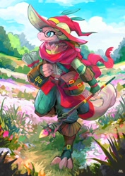 Size: 2896x4096 | Tagged: safe, artist:_plive, fictional species, kobold, reptile, anthro, book, clothes, female, field, hat, scarf, solo, solo female, staff