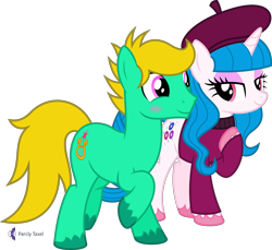 Size: 4468x4096 | Tagged: safe, artist:parclytaxel, oc, oc only, oc:bijou sapphire, oc:david starlyre, earth pony, equine, fictional species, mammal, pony, unicorn, feral, hasbro, my little pony, .svg available, absurd resolution, beret, blushing, clothes, eye contact, female, flirting, hooves, lidded eyes, male, mare, monthly reward, pointing, pointing at self, shirt, simple background, smiling, stallion, topwear, transparent background, unshorn fetlocks, vector, walking