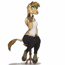 Size: 2500x2500 | Tagged: safe, artist:louart, camel, mammal, anthro, unguligrade anthro, bottomwear, brown body, brown fur, brown hair, clothes, cloven hooves, digital art, ears, female, fur, green eyes, hair, high res, hooves, looking at you, pants, shirt, simple background, sitting, solo, solo female, tail, tail tuft, tan body, tan fur, topwear, white background