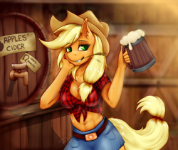 Size: 1282x1080 | Tagged: safe, artist:shamziwhite, applejack (mlp), earth pony, equine, fictional species, mammal, pony, anthro, friendship is magic, hasbro, my little pony, anthrofied, belly button, blonde hair, blonde mane, blonde tail, bottomwear, breasts, cleavage, clothes, cowboy hat, drink, ear fluff, female, fluff, fur, green eyes, hair, hair accessory, hat, jean shorts, looking at you, mane, mare, orange body, orange fur, shirt, shorts, skirt, smiling, smiling at you, solo, solo female, sweat, tail, teeth, topwear