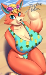 Size: 1967x3190 | Tagged: suggestive, artist:nexcoyotlgt, audie (animal crossing), canine, mammal, wolf, anthro, animal crossing, animal crossing: new horizons, nintendo, ..., 2021, arms under breasts, beach, black nose, blonde hair, blue eyes, breasts, cameltoe, cleavage, clothes, cream body, cream fur, dialogue, ears, eyebrows, eyelashes, eyeshadow, fangs, female, fur, glasses, glasses on head, hair, huge breasts, looking at you, makeup, multicolored fur, one-piece swimsuit, open mouth, open smile, orange body, orange fur, sand, sharp teeth, smiling, smiling at you, solo, solo female, sunglasses, sunglasses on head, sweat, swimsuit, tail, talking, talking to viewer, teeth, thick thighs, thighs, tongue, two toned body, two toned fur, voluptuous, water, wide hips