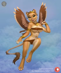 Size: 1200x1441 | Tagged: suggestive, artist:vestina, big cat, feline, fictional species, hybrid, lion, mammal, sphinx, anthro, 2021, ancient, areola, armlet, bikini, bracelet, breasts, cameltoe, clothes, digital art, ear fluff, ear piercing, earring, ears, feathered wings, feathers, felidae, female, fluff, flying, fur, gold, golden eyes, jewelry, licking, licking lips, lioness, mythology, necklace, nudity, outdoors, panties, partial nudity, paws, piercing, pinup, signature, sky, solo, solo female, tail, tail tuft, tan body, tan fur, teasing, tiara, tongue, tongue out, topwear, underwear, wings, wings open