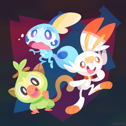Size: 900x900 | Tagged: safe, artist:versiris, fictional species, grookey, scorbunny, sobble, feral, nintendo, pokémon, 2019, abstract background, ambiguous gender, black eyes, blue body, blue tail, brown tail, crying, curled tail, fur, green body, green fur, group, happy, lineless, open mouth, paws, sad, short tail, starter pokémon, tail, teary eyes, teeth, trio, waving, white body, white fur, white tail