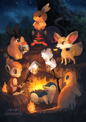 Size: 900x1273 | Tagged: safe, artist:clockbirds, charmander, chimchar, cyndaquil, fennekin, fictional species, litten, tepig, torchic, feral, nintendo, pokémon, 2019, ambiguous gender, beak, black body, black fur, black tail, campfire, dipstick tail, ear fluff, feathers, fire, fluff, food, fur, holding, marshmallow, mouth hold, night, night sky, open mouth, orange body, orange feathers, outdoors, red eyes, sitting, sky, star, starter pokémon, stick, stump, tail, yellow body, yellow fur, yellow tail