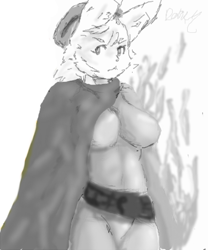 Size: 500x600 | Tagged: dead source, safe, artist:darky03, ambiguous species, anthro, :<, breasts, cape, clothes, featureless breasts, featureless crotch, female, fire, frowning, grayscale, hat, monochrome, nudity, question mark, simple background, solo, solo female, white background