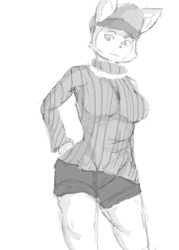 Size: 344x480 | Tagged: dead source, safe, artist:darky03, cat, feline, mammal, anthro, bottomwear, breasts, clothes, grayscale, hand on hip, hat, looking down, low res, monochrome, shorts, simple background, sweater, topwear, white background