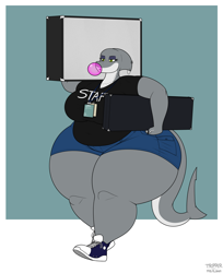 Size: 2452x3000 | Tagged: suggestive, artist:day-tripper-guy, oc, oc only, oc:mary (day-tripper-guy), fish, great white shark, shark, anthro, 2021, abstract background, big belly, breasts, bubblegum, clothes, eyelashes, fat, female, fins, fish tail, green eyes, high res, huge breasts, hyper, hyper thighs, morbidly obese, overweight, piercing, shark tail, shirt, sneakers, solo, solo female, t-shirt, tail, topwear