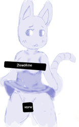 Size: 400x640 | Tagged: dead source, suggestive, artist:darky03, cat, feline, mammal, anthro, blushing, bottomless, breasts, censored, clothes, dress, dress lift, exposed breasts, female, fluff, monochrome, no underwear, nudity, open mouth, partial nudity, pubic fluff, simple background, solo, solo female, striped tail, stripes, tail, text, white background