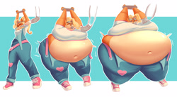 Size: 3000x1689 | Tagged: suggestive, artist:ekusupanshon, coco bandicoot (crash bandicoot), bandicoot, mammal, marsupial, anthro, crash bandicoot (series), 2021, belly button, belt, blonde hair, breasts, clothes, commission, cyan background, female, fetish, forced inflation, fur, hair, hose, hyper, hyper belly, hyper breasts, hyper inflation, inflation, inflation fetish, midriff, orange body, orange fur, overalls, restrained arms, sequence, shirt, sneakers, solo, solo female, t-shirt, topwear