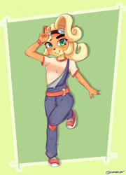 Size: 924x1280 | Tagged: safe, artist:fourway, coco bandicoot (crash bandicoot), bandicoot, mammal, marsupial, anthro, crash bandicoot (series), 2021, black nose, blushing, bottomwear, breasts, clothes, digital art, ears, eyelashes, female, fur, gesture, goggles, goggles on head, hair, looking at you, pants, peace sign, pose, shirt, shoes, smiling, smiling at you, solo, solo female, tail, thighs, topwear