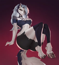 Size: 1167x1280 | Tagged: suggestive, artist:rerepop, loona (vivzmind), canine, fictional species, hellhound, mammal, anthro, digitigrade anthro, hazbin hotel, helluva boss, 2020, arm fluff, big butt, black nose, bottomwear, breasts, butt, cameltoe, claws, clothes, collar, colored sclera, crop top, ear fluff, eyebrows, eyelashes, eyeshadow, fangs, female, fluff, hair, hand on breast, legwear, long hair, looking at you, makeup, midriff, paw pads, paws, red sclera, sharp teeth, shoulder fluff, silver hair, smiling, smiling at you, smug, solo, solo female, spiked collar, tail, tail fluff, teeth, thick thighs, thigh highs, thighs, toeless legwear, topwear, underpaw, white eyes