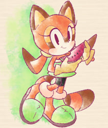 Size: 1280x1520 | Tagged: safe, artist:sfan12, marine the raccoon (sonic), mammal, procyonid, raccoon, anthro, sega, sonic rush adventure, sonic the hedgehog (series), 2021, brown body, brown fur, brown tail, clothes, eating, female, food, fruit, fur, gloves, hair, hand hold, holding, legwear, looking at you, orange body, orange fur, orange tail, pigtails, shoes, simple background, smiling, solo, solo female, standing, striped tail, stripes, tail, top, watermelon, white background