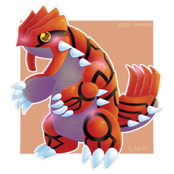 Size: 1286x1286 | Tagged: safe, artist:dragodog25, fictional species, groudon, legendary pokémon, feral, nintendo, pokémon, 2021, ambiguous gender, claws, red body, simple background, solo, solo ambiguous, standing, white claws, yellow eyes