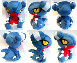 Size: 1776x1448 | Tagged: safe, artist:ponymonster, fictional species, gabite, feral, nintendo, pokémon, 2013, ambiguous gender, black sclera, blue body, blue tail, claws, colored sclera, fangs, fin, irl, photo, plushie, red body, sharp teeth, sitting, solo, solo ambiguous, tail, teeth, white claws, yellow eyes