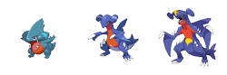 Size: 576x192 | Tagged: safe, artist:polloron, fictional species, gabite, garchomp, gible, feral, nintendo, pokémon, 2015, ambiguous gender, ambiguous only, black sclera, blue body, blue tail, claws, colored sclera, fangs, fin, group, low res, open mouth, pixel art, red body, sharp teeth, simple background, tail, teeth, transparent background, trio, trio ambiguous, white claws, yellow eyes