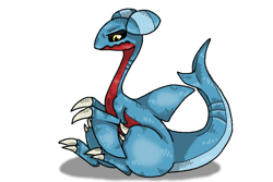 Size: 858x574 | Tagged: safe, artist:ggfox22, fictional species, gabite, feral, nintendo, pokémon, 2013, ambiguous gender, black sclera, blue body, blue tail, claws, colored sclera, fangs, fin, red body, sharp teeth, simple background, sitting, solo, solo ambiguous, tail, teeth, transparent background, wavy mouth, white claws, yellow eyes