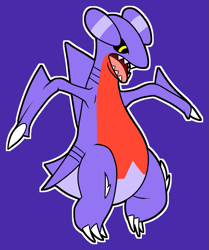 Size: 729x872 | Tagged: safe, artist:nashew, fictional species, gabite, feral, nintendo, pokémon, 2020, ambiguous gender, black sclera, blue body, blue tail, claws, colored sclera, fangs, fin, open mouth, purple background, red body, sharp teeth, simple background, solo, solo ambiguous, tail, teeth, white claws, yellow eyes
