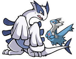 Size: 900x699 | Tagged: safe, artist:softkeychains, fictional species, latios, legendary pokémon, lugia, feral, nintendo, pokémon, 2021, ambiguous gender, black eyes, blue body, claws, confused, duo, fangs, fluff, flying, male, open mouth, red eyes, sharp teeth, simple background, size difference, sweat, sweatdrop, tail, teeth, transparent background, white body, white claws, white tail, white wings, wings