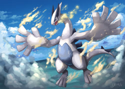 Size: 1280x905 | Tagged: safe, artist:uraraa6, fictional species, legendary pokémon, lugia, feral, nintendo, pokémon, 2021, ambiguous gender, black eyes, cloud, flying, ocean, open mouth, sky, solo, solo ambiguous, tail, water, white body, white tail, white wings, wings