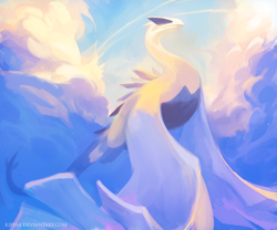 Size: 1000x831 | Tagged: safe, artist:kipine, fictional species, legendary pokémon, lugia, feral, nintendo, pokémon, 2017, ambiguous gender, cloud, eyes closed, flying, sky, solo, solo ambiguous, tail, white body, white tail, white wings, wings