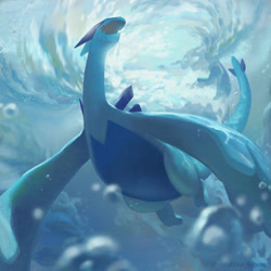 Size: 1000x1000 | Tagged: safe, artist:aocom, fictional species, legendary pokémon, lugia, feral, nintendo, pokémon, 2016, ambiguous gender, black eyes, bubble, ocean, open mouth, solo, solo ambiguous, swimming, tail, underwater, water, white body, white tail, white wings, wings