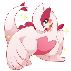 Size: 2449x2449 | Tagged: safe, artist:seviyummy, fictional species, legendary pokémon, lugia, shiny pokémon, feral, nintendo, pokémon, 2018, ambiguous gender, black eyes, blushing, fangs, high res, open mouth, sharp teeth, simple background, solo, solo ambiguous, tail, teeth, transparent background, white body, white tail, white wings, wings