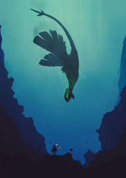 Size: 2059x2912 | Tagged: safe, artist:dark-indigo, fictional species, human, legendary pokémon, lugia, mammal, feral, nintendo, pokémon, 2015, ambiguous gender, body, diving, glowing, glowing eyes, high res, open mouth, solo focus, tail, underwater, water, wings