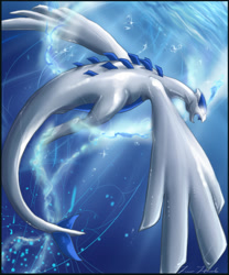 Size: 1166x1400 | Tagged: safe, artist:fionahsieh, fictional species, legendary pokémon, lugia, feral, nintendo, pokémon, 2007, ambiguous gender, glowing, glowing eyes, open mouth, solo, solo ambiguous, swimming, tail, underwater, water, watermark, white body, white tail, white wings, wings
