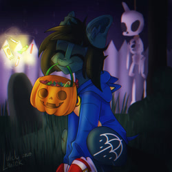 Size: 1200x1200 | Tagged: safe, artist:lulek4aiok, sonic the hedgehog (sonic), earth pony, equine, fictional species, mammal, pony, undead, zombie, zombie pony, feral, bring me the horizon, friendship is magic, hasbro, my little pony, oliver sykes, sega, sonic the hedgehog (series), 2020, blue body, blue fur, bone, brown hair, brown mane, candy, clothes, commission, costume, crossover, cutie mark, decoration, eyes closed, fangs, fence, feralized, food, fur, furrified, glasgow smile, grass, gravestone, hair, halloween, halloween costume, happy, holding, holiday, hoodie, jack-o-lantern, male, mane, mouth hold, night, night sky, outdoors, ponified, pumpkin, scar, sharp teeth, signature, sitting, skeleton, sky, smiling, solo, solo male, species swap, stallion, stars, stitches, tattoo, teeth, topwear, torn ear, tree, vegetables, ych result