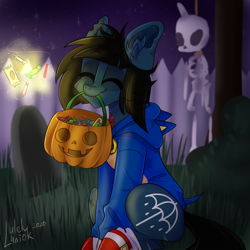 Size: 1200x1200 | Tagged: safe, alternate version, artist:lulek4aiok, sonic the hedgehog (sonic), earth pony, equine, fictional species, mammal, pony, undead, zombie, zombie pony, feral, bring me the horizon, friendship is magic, hasbro, my little pony, oliver sykes, sega, sonic the hedgehog (series), 2020, blue body, blue fur, bone, brown hair, brown mane, candy, clothes, commission, costume, crossover, cutie mark, decoration, eyes closed, fangs, fence, feralized, food, fur, furrified, glasgow smile, grass, gravestone, hair, halloween, halloween costume, happy, holding, holiday, hoodie, jack-o-lantern, male, mane, mouth hold, night, night sky, outdoors, ponified, pumpkin, scar, sharp teeth, signature, sitting, skeleton, sky, smiling, solo, solo male, species swap, stallion, stars, stitches, tattoo, teeth, topwear, torn ear, tree, vegetables, ych result
