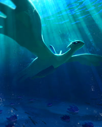 Size: 1498x1872 | Tagged: safe, artist:tamberella, fictional species, fish, legendary pokémon, lugia, mantyke, feral, nintendo, pokémon, 2020, 5 fingers, ambiguous gender, blue body, glowing, glowing eyes, high res, multicolored body, ocean, solo focus, swimming, tail, two toned body, underwater, water, white body, white tail, white wings, wings