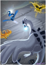 Size: 1061x1500 | Tagged: safe, artist:grypwolf, articuno, fictional species, legendary pokémon, lugia, moltres, zapdos, feral, nintendo, pokémon, 2009, ambiguous gender, attacking, beak, blue body, blue tail, claws, electricity, fangs, fire, flying, glowing, glowing eyes, group, open mouth, orange body, sharp teeth, sky, tail, talons, teeth, white body, white tail, white wings, wings, yellow body