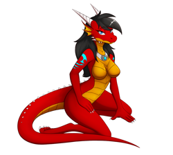 Size: 1000x900 | Tagged: safe, artist:tomek1000, oc, oc:tiana, dragon, fictional species, anthro, black hair, blue eyes, breasts, featureless breasts, female, hair, horns, kneeling, looking at you, nudity, paws, red body, simple background, solo, solo female, tail, white background