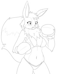 Size: 1024x1280 | Tagged: safe, artist:mlpboxing, oc, oc only, eevee, eeveelution, fictional species, mammal, anthro, nintendo, pokémon, 2018, belly button, bikini, black nose, boxing, boxing gloves, boxing ring, breasts, clothes, commission, cute, cute little fangs, digital art, ears, erect nipples, eyelashes, fangs, female, fluff, fur, gloves, hair, neck fluff, nipple outline, open mouth, simple background, solo, solo female, swimsuit, tail, teeth, thighs, tongue, white background, wide hips