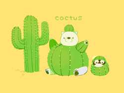 Size: 2000x1500 | Tagged: safe, artist:チャイ, animate plant, bear, bird, fictional species, hybrid, mammal, penguin, polar bear, feral, ambiguous gender, cactus, duo, duo ambiguous, english text, paw pads, paws, simple background, sitting, text, thorns, yellow background