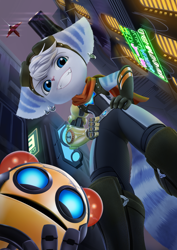 Size: 1032x1457 | Tagged: safe, artist:ochiba_rakuu, rivet (r&c), fictional species, lombax, mammal, robot, anthro, ratchet & clank, blue eyes, boots, building, buildings, clothes, duo, ear piercing, eyebrows, eyelashes, female, gloves, goggles, goggles on head, hair, hand on hip, kit (r&c), looking at you, low angle, outdoors, piercing, pink nose, prosthetic arm, prosthetics, scarf, shoes, smiling, smiling at you, teeth, white hair