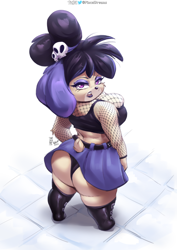 Size: 2170x3069 | Tagged: suggestive, alternate version, artist:viejillox, isabelle (animal crossing), canine, dog, mammal, shih tzu, anthro, animal crossing, nintendo, 2021, black hair, black nose, boots, bottomwear, breasts, butt, clothes, crop top, ear fluff, eyebrows, eyelashes, eyeshadow, female, fishnet, fluff, fur, goth, hair, hair accessory, high res, huge breasts, huge butt, lipstick, looking at you, looking back, looking back at you, makeup, multicolored fur, open mouth, panties, purple eyes, see-through, shoes, short tail, simple background, skirt, solo, solo female, tail, tail fluff, thick thighs, thighs, tongue, topwear, underwear, white background