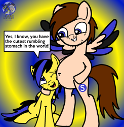 Size: 1415x1446 | Tagged: safe, artist:mrstheartist, oc, oc only, oc:ponyseb 2.0, oc:seb the pony, equine, fictional species, mammal, pegasus, pony, feral, friendship is magic, hasbro, my little pony, base used, belly button, big belly, bipedal, black outline, blue eyes, brown hair, brown mane, colored wingtips, fur, gradient background, grin, hair, looking at each other, mane, open mouth, peach body, sitting, speech bubble, twins, wings, yellow body, yellow fur