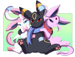 Size: 2927x2245 | Tagged: safe, artist:pridark, eeveelution, espeon, fictional species, mammal, sylveon, umbreon, nintendo, pokémon, 2021, clothes, commission, cute, female, group, high res, male, male/female, one eye closed, scarf, simple background, sitting, snuggling, tail, trio, winking