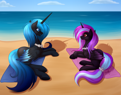 Size: 4512x3528 | Tagged: safe, artist:starshade, oc, oc only, oc:ebony nightshade, oc:harmonic melodia, alicorn, equine, fictional species, mammal, pony, hasbro, my little pony, 2021, barrette, blue eyes, blue hair, commission, cute, female, hair, heart, heart eyes, high res, horn, jewelry, lightly watermarked, lying down, mare, necklace, ocean, open mouth, prone, purple hair, red eyes, seashore, smiling, summer, water, watermark, wingding eyes, wings